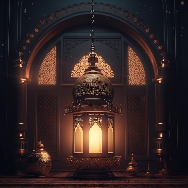 Une lanterne dans une pièce sombre avec une boule d'or au milieu.