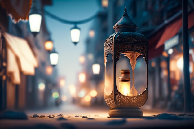 Une lanterne dans une rue avec des lumières en arrière-plan