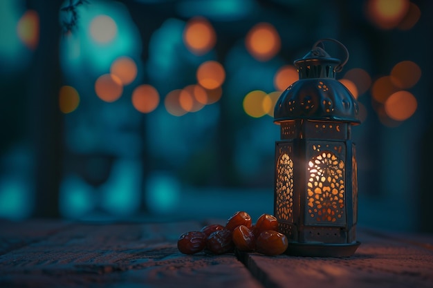 Lanterne et dattes Fruit avec lumière Bokeh sur fond sombre Ramadan Mubarak