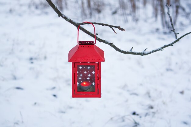 Lanterne décorative rouge avec bougie accrochée à la branche d'arbre Soirée d'hiver enneigée dans le parc