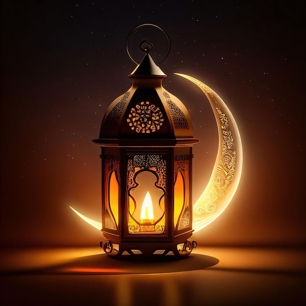 Lanterne décorée brillante sur un fond de demi-lune fond sombre Lanterne comme symbole du Ramadan pour les musulmans
