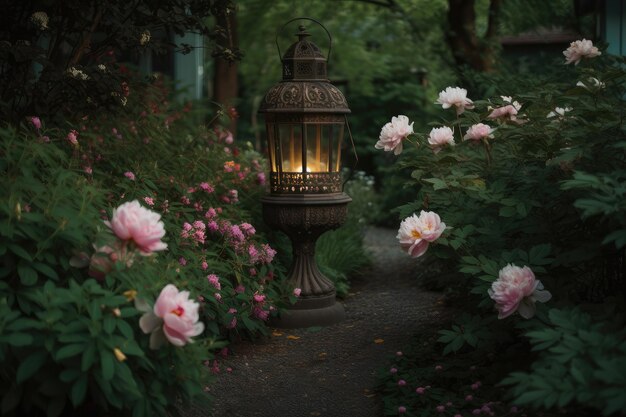 Lanterne détaillée entourée de pivoines en fleurs sur le chemin du jardin