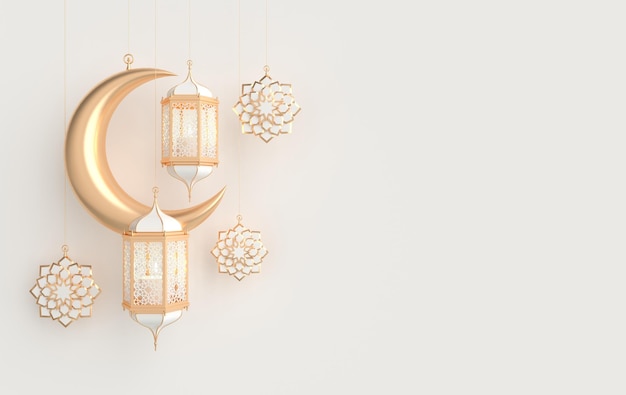 Lanterne dorée et étoiles de croissant de lune sur fond blanc pour les vacances musulmanes Ramadan Kareem