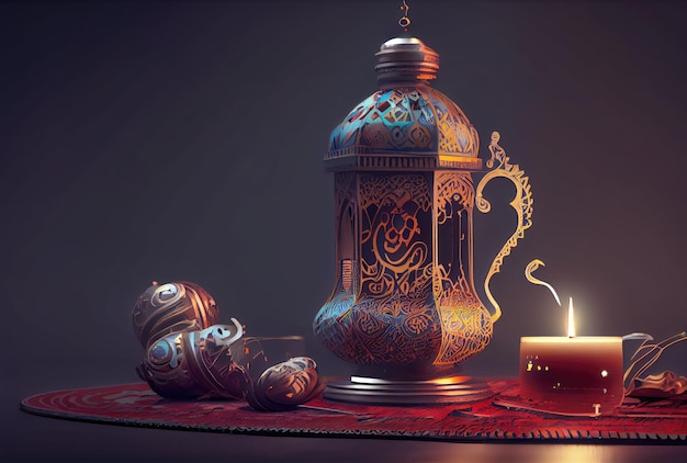 Lanterne du festival du Ramadan et accessoires sur le fond du sol Concept de culture et de religion Illustration d'art numérique AI générative