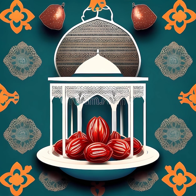 Photo la lanterne du ramadan contient une assiette de dattes séchées lanterne islamique