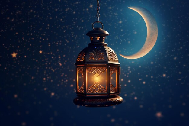 lanterne du ramadan avec croissant de lune sur fond de ciel nocturne ai créative