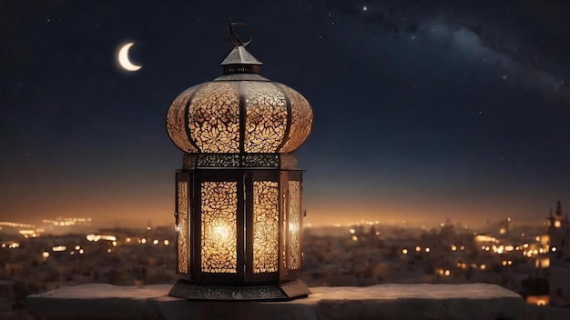 Lanterne du Ramadan avec un croissant de lune sur le fond du ciel nocturne