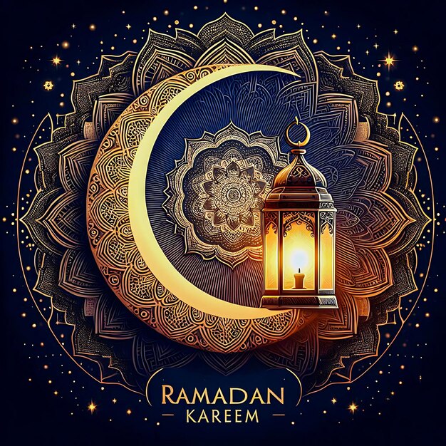 Photo la lanterne du ramadan kareem et la carte du croissant de lune conception de la carte islamique de salut de l'aïd moubarak