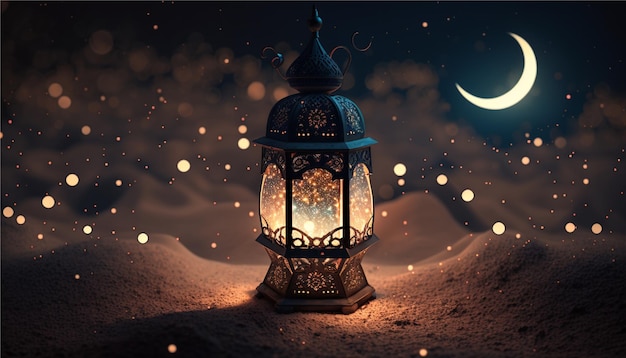 Lanterne du Ramadan avec lumière rougeoyante la nuit et scintillante avec des lumières bokeh au sol ai générative