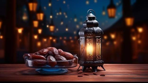 Lanterne du Ramadan sur la table avec des dattes