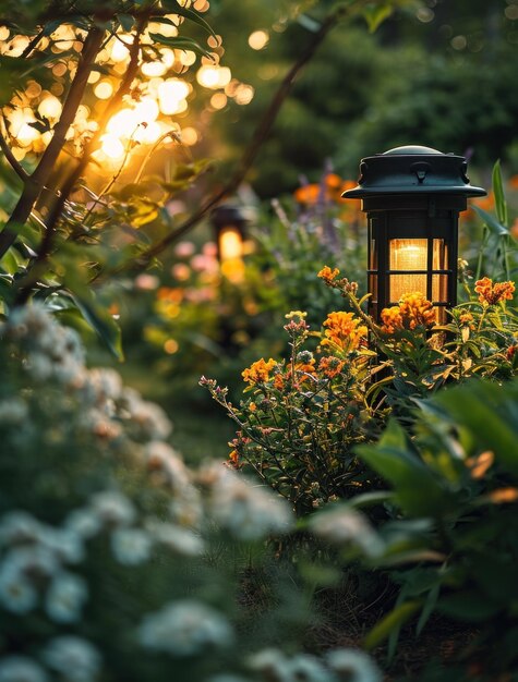 Photo une lanterne éclaire le sentier du jardin