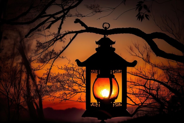 Lanterne éclairée par le soleil levant avec silhouette d'arbres en arrière-plan