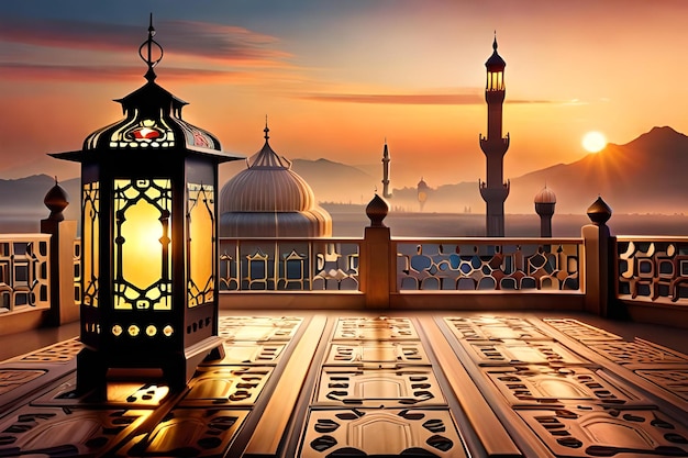 Photo une lanterne est sur un balcon avec une vue sur une mosquée en arrière-plan.