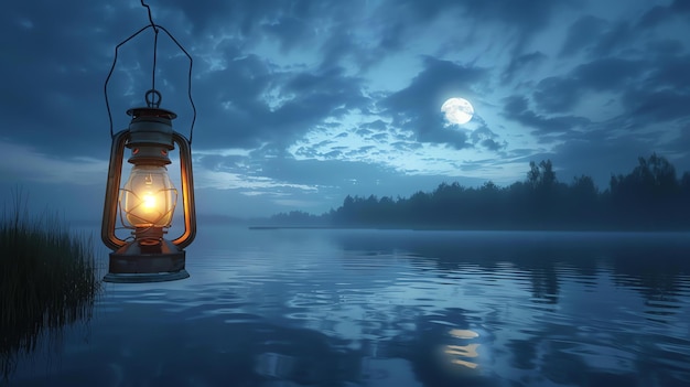 La lanterne est placée au bord du lac et la lumière de la lanterne est réfléchie sur le lac.