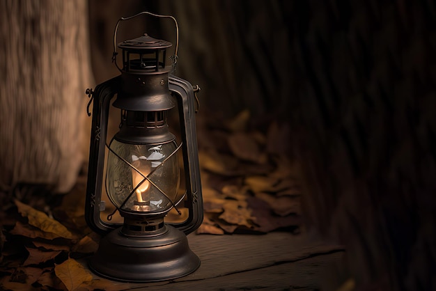 Une lanterne est posée sur une surface en bois avec des feuilles dessus.