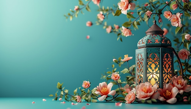 Lanterne sur le fond d'un arbre à fleurs Ramadan Kareem