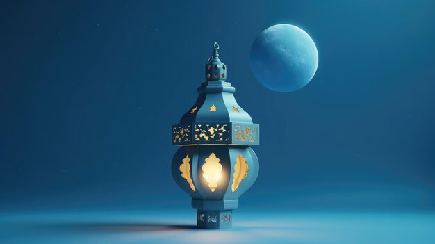 Lanterne islamique 3D laisser de l'espace pour le texte à gauche sur fond bleu clair livre de contes 3D nuage et lune