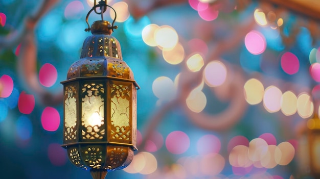 Une lanterne islamique en bokeh sur le fond du concept du ramadan