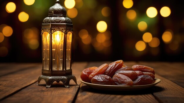 Photo lanterne islamique avec bougie brûlante et dates fond flou avec lumières bokeh