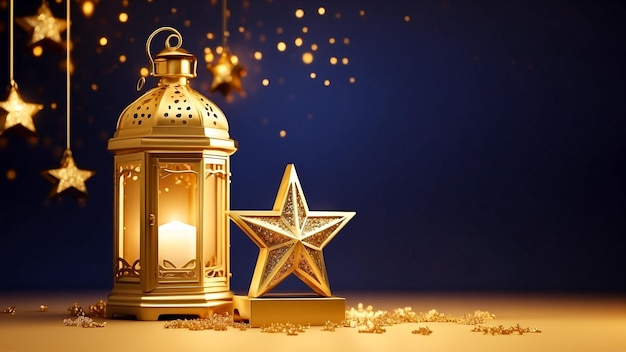 Lanterne islamique de célébration de l'Eid Ul Adha avec un fond d'or étoilé