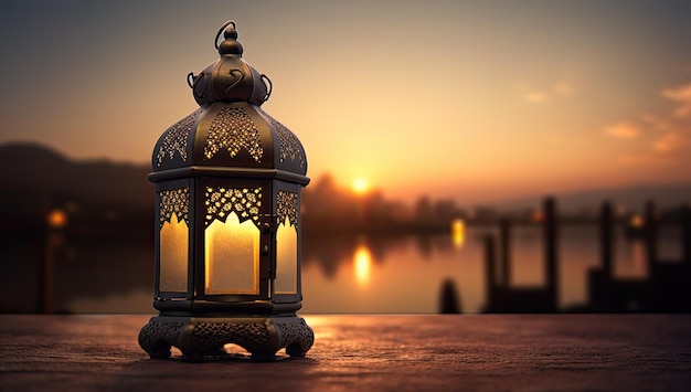 Lanterne islamique du Ramadan Ornement flou Bokeh Arrière-plan de sable de mer