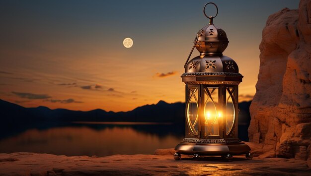 Photo lanterne islamique du ramadan ornement flou bokeh arrière-plan de sable de mer