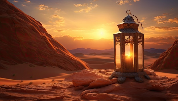 Photo lanterne islamique du ramadan ornement flou bokeh arrière-plan de sable de mer