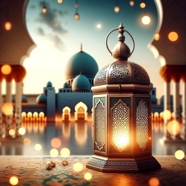 Photo lanterne islamique sur fond de mosquée avec étincelle et bokeh pour ramadan eid al fitr et adha