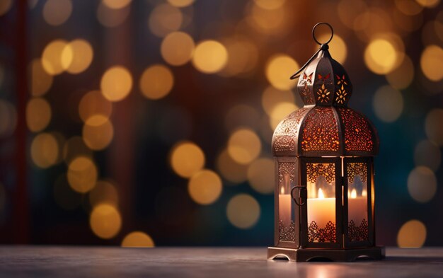 lanterne islamique avec lumières bokeh en arrière-plan pour adha et fitr eid