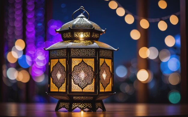 Une lanterne islamique avec des lumières bokeh en arrière-plan pour l'adha et le fitr eid