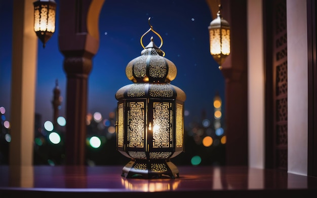 Une lanterne islamique avec des lumières bokeh en arrière-plan pour l'adha et le fitr eid