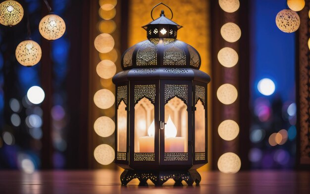 Une lanterne islamique avec des lumières bokeh en arrière-plan pour l'adha et le fitr eid