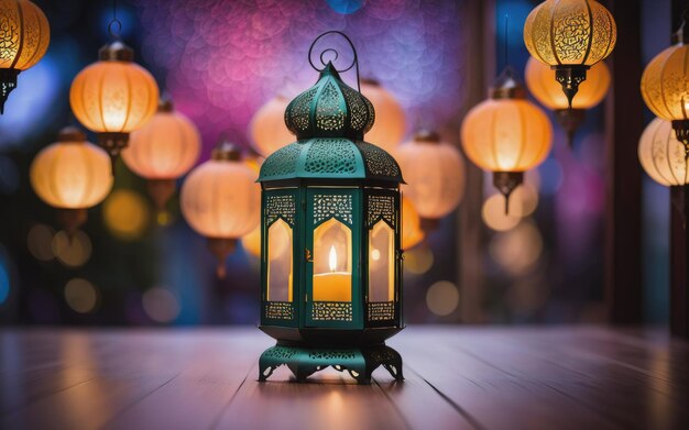 Une lanterne islamique avec des lumières bokeh en arrière-plan pour l'adha et le fitr eid