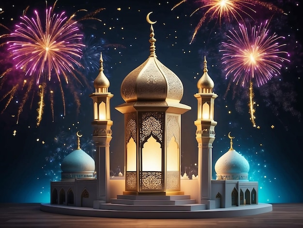 Photo une lanterne islamique avec une mosquée floue en arrière-plan