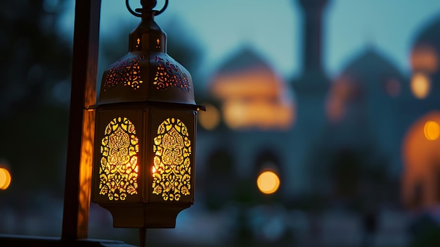 Une lanterne islamique avec une mosquée floue en arrière-plan