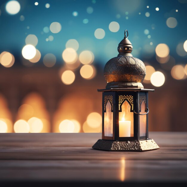 Une lanterne islamique avec une mosquée floue avec une IA générative de bokeh