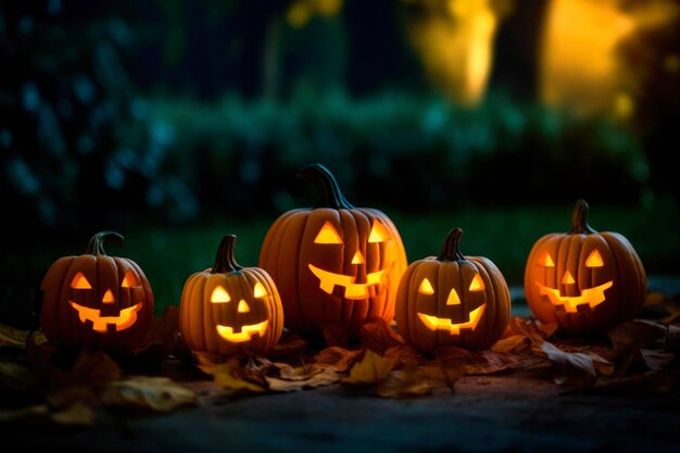 Lanterne jack effrayante citrouilles d'Halloween dans l'obscurité sur le sol parmi les feuilles sèches dans la rue Hallows veille décoration drôle lueur citrouille avec des bougies sur fond sombre en plein air près de la maison générée par l'IA