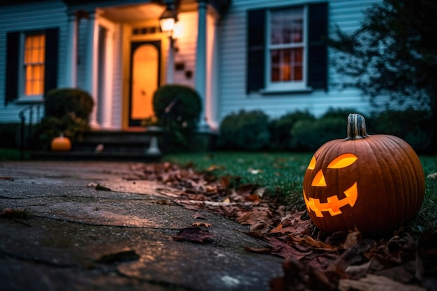 Lanterne jack effrayante citrouilles d'Halloween dans l'obscurité sur le sol parmi les feuilles sèches dans la rue Hallows veille décoration drôle lueur citrouille avec des bougies sur fond sombre en plein air près de la maison générée par l'IA