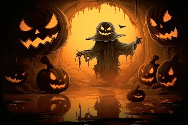Lanterne jack à tête de citrouille d'Halloween avec bougies allumées Spooky Forest
