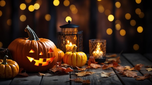 Lanterne jack à tête de citrouille d'Halloween sur une planche en bois avec des bougies allumées sur fond flou
