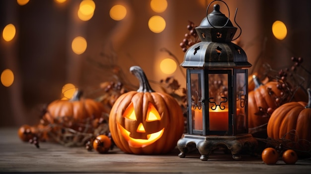 Lanterne jack à tête de citrouille d'Halloween sur une planche en bois avec des bougies allumées sur fond flou