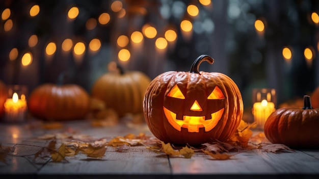 Lanterne jack à tête de citrouille d'Halloween sur une planche en bois avec des bougies allumées sur fond flou