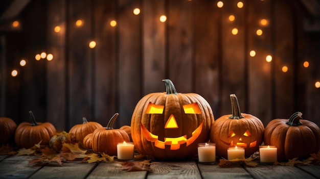 Lanterne jack à tête de citrouille d'Halloween sur une planche en bois avec des bougies allumées sur fond flou