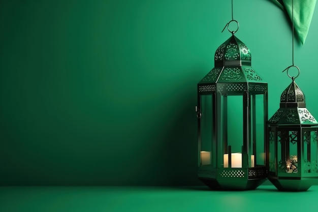 Lanterne de lampe verte arabe élégante sur fond vert