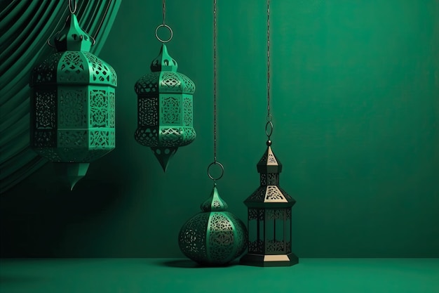 Lanterne de lampe verte arabe élégante sur fond vert