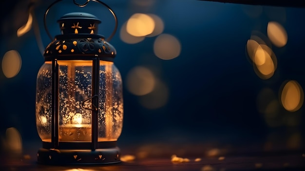 lanterne avec lumière rougeoyante la nuit et scintillante avec des lumières bokeh