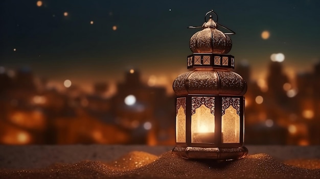 Une lanterne avec les lumières allumées en arrière-plan Affiche du Ramadan