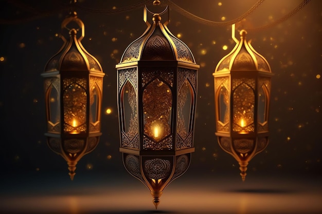 Une lanterne avec les lumières allumées et le mot ramadan dessus