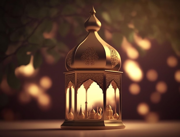 Une lanterne avec les lumières allumées et le mot ramadan dessus