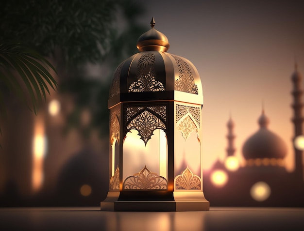 Une lanterne avec les lumières allumées et le mot ramadan dessus